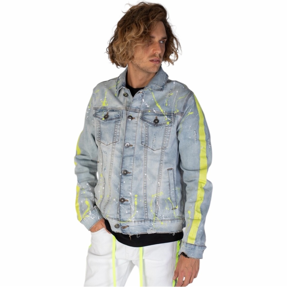 KDNK Men’s Neon Lime Stripe Paint Splatter Blue Denim Button Jacket S
